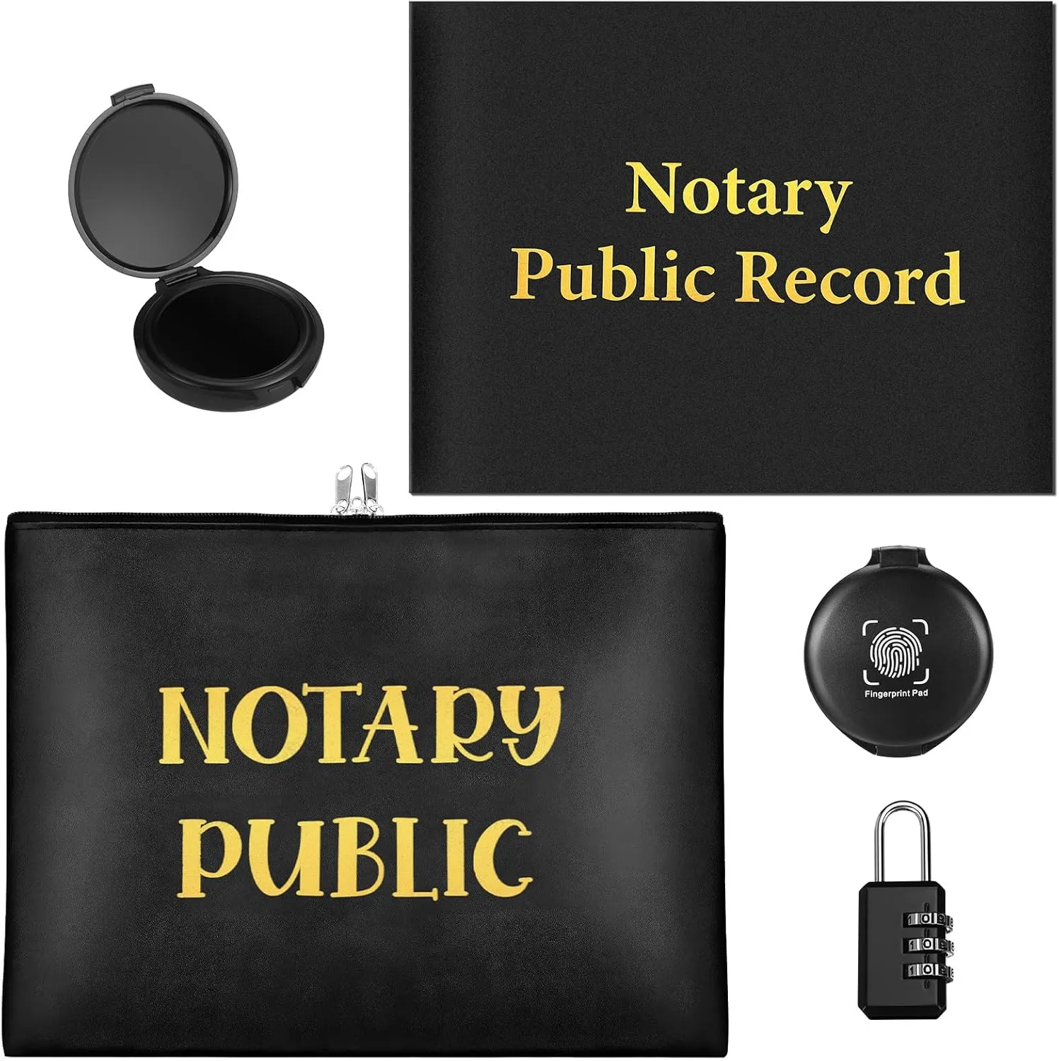 5 Pcs Notary Supplies Bag for Women with Lock Kit Include 1 Waterproof Security Bag 2 Black Fingerprint Ink Stamp Pad 1 Code Lock 1 Pack 11 x 8.6 Inch 63 Pages Hardcover Notary Public Record Book