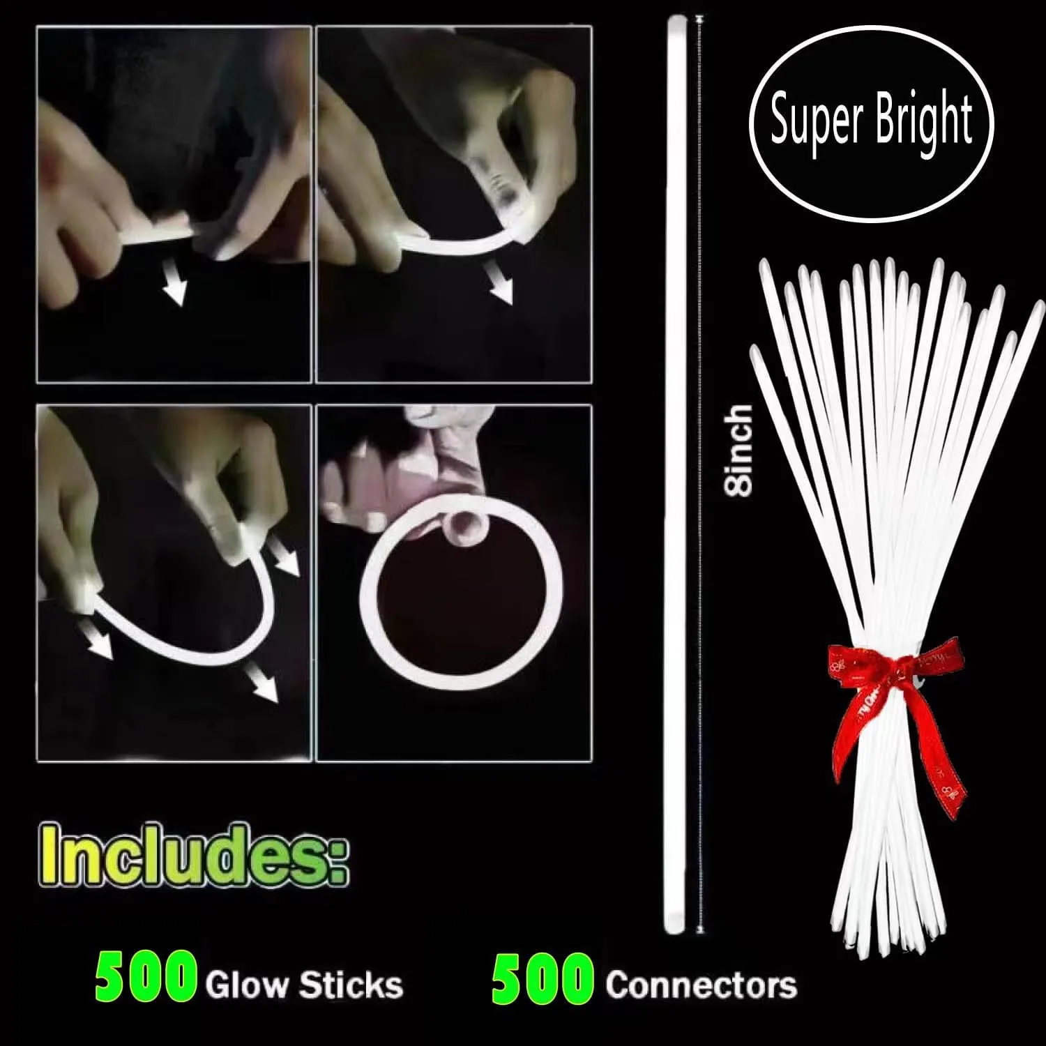 500 PCS White Glow Stick Bracelets Necklaces 8" Glowsticks with Connectors Bulk Glow in The Dark Party Supplies Light Up Neon Party Favor for Christmas NewYear Valentine’s Day Wedding