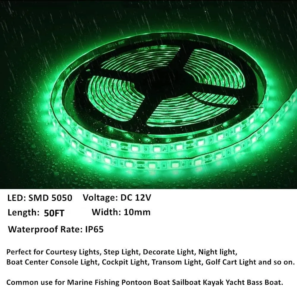 50FT LED Boat Lights, 12V Waterproof Green Marine Pontoon Led Strip Light, Boat Deck Interior Light, Boats Accessories, Under Gunnel Lighting, Night Fishing Lighting for Pontoon Fishing Bass Boats