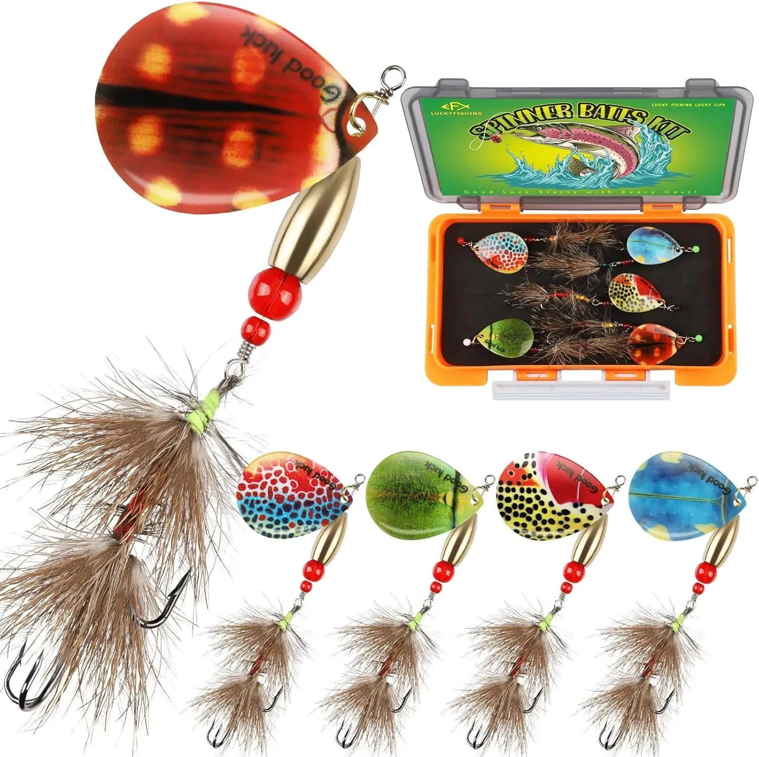 5pcs Spinner Baits Trout Lures for Bass Pike Crappie Trout Fishing Lures 1/4oz 3/10oz 5/11oz Inline Spinner Baits Kit with Tackle Box Fishing Gift