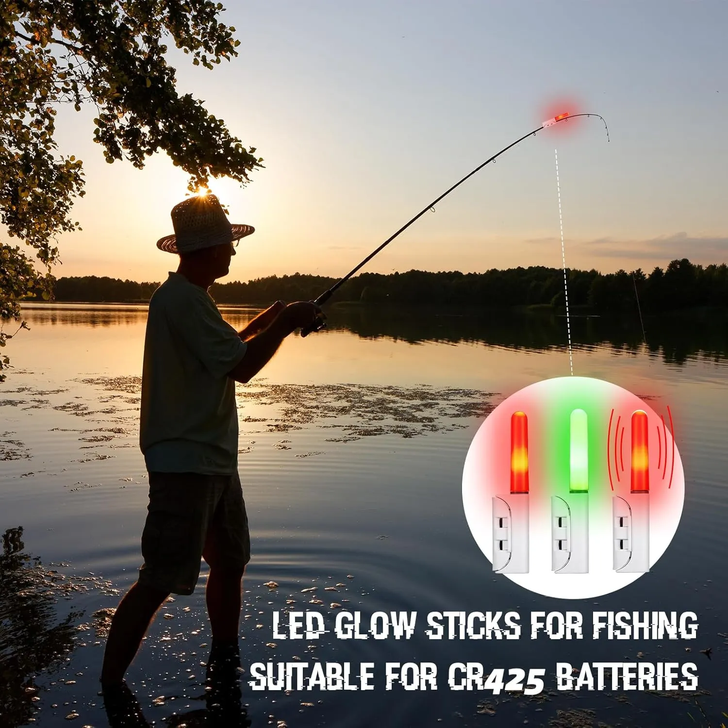 6 Pcs Fishing Glow Sticks LED Fishing Pole Light Night Fish Alert Glow Stick with 8 Pcs Rechargeable CR425 Battery and Battery Charger
