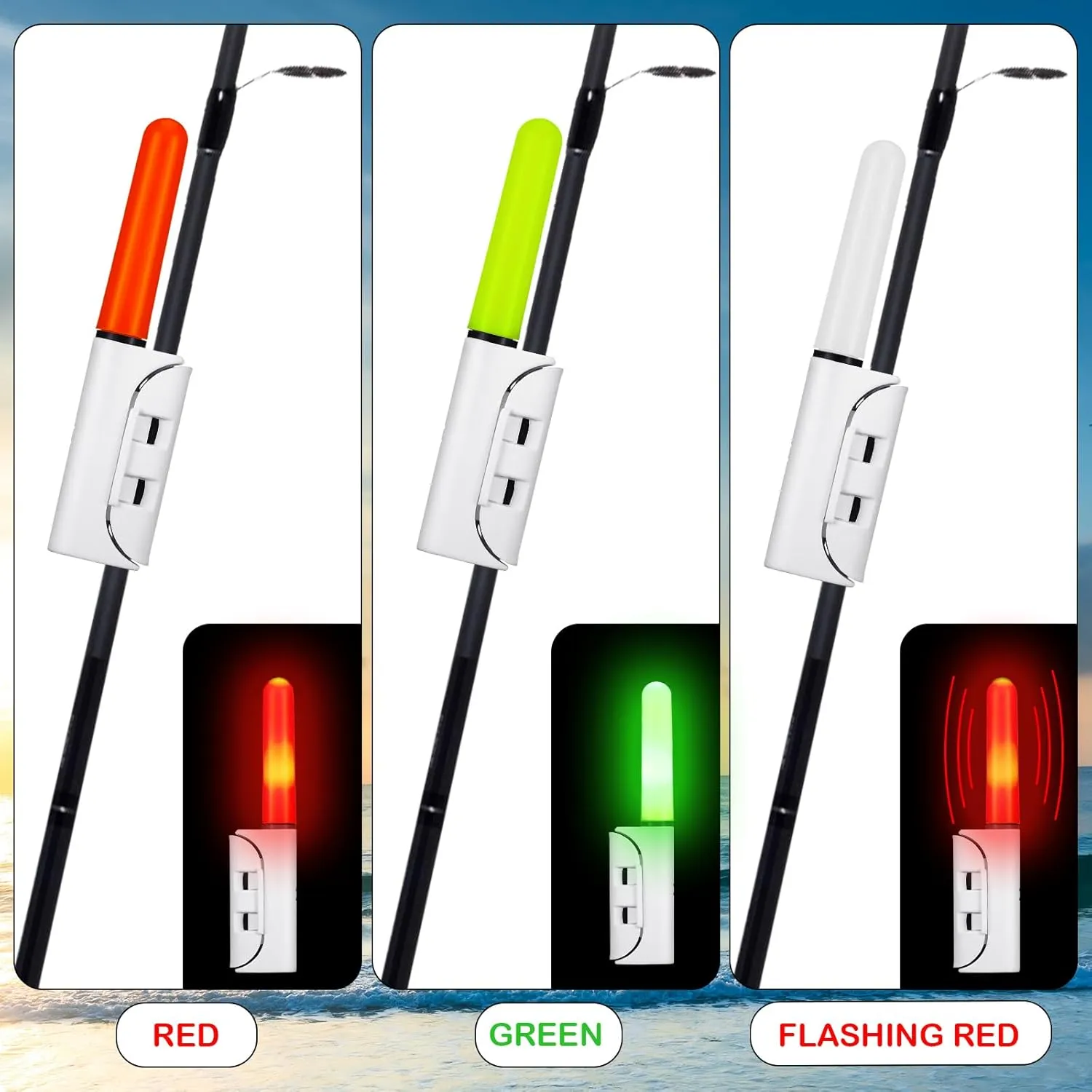 6 Pcs Fishing Glow Sticks LED Fishing Pole Light Night Fish Alert Glow Stick with 8 Pcs Rechargeable CR425 Battery and Battery Charger