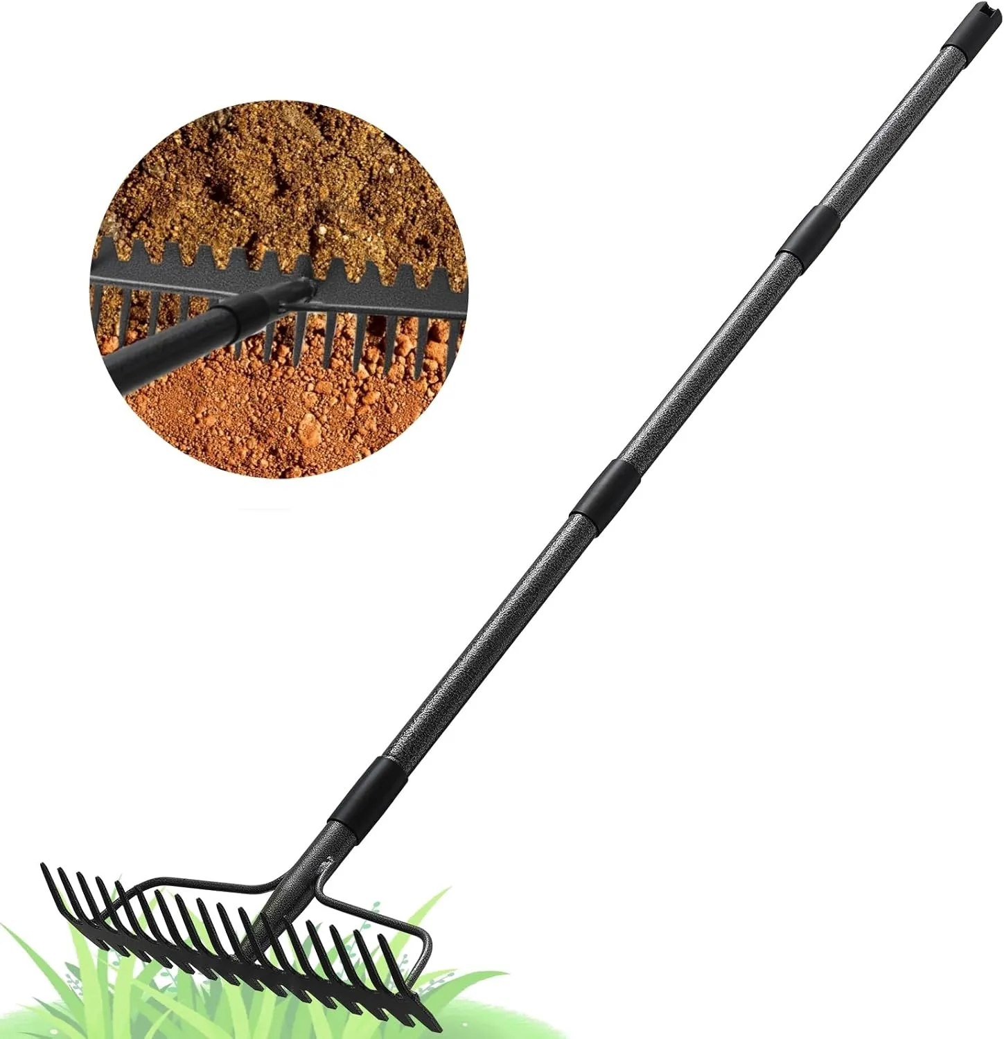 63 inch Bow Rake,Upgraded Dual-Head 1.1 inch Diameter 17 Tines Adjustable Heavy Duty Garden Rake withpaint for Gardening Leaves Loosening Soil Leveling Lawn Farming