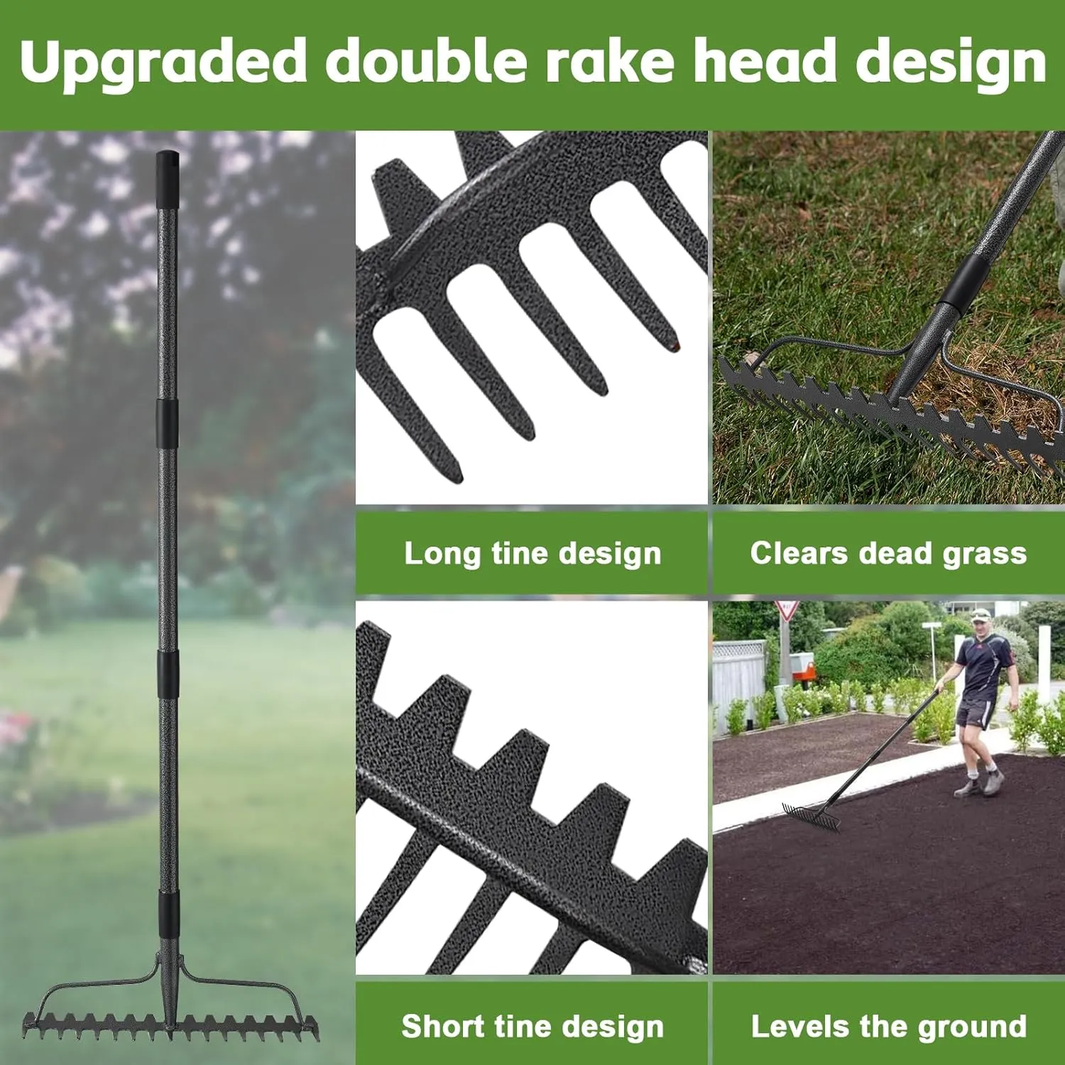 63 inch Bow Rake,Upgraded Dual-Head 1.1 inch Diameter 17 Tines Adjustable Heavy Duty Garden Rake withpaint for Gardening Leaves Loosening Soil Leveling Lawn Farming