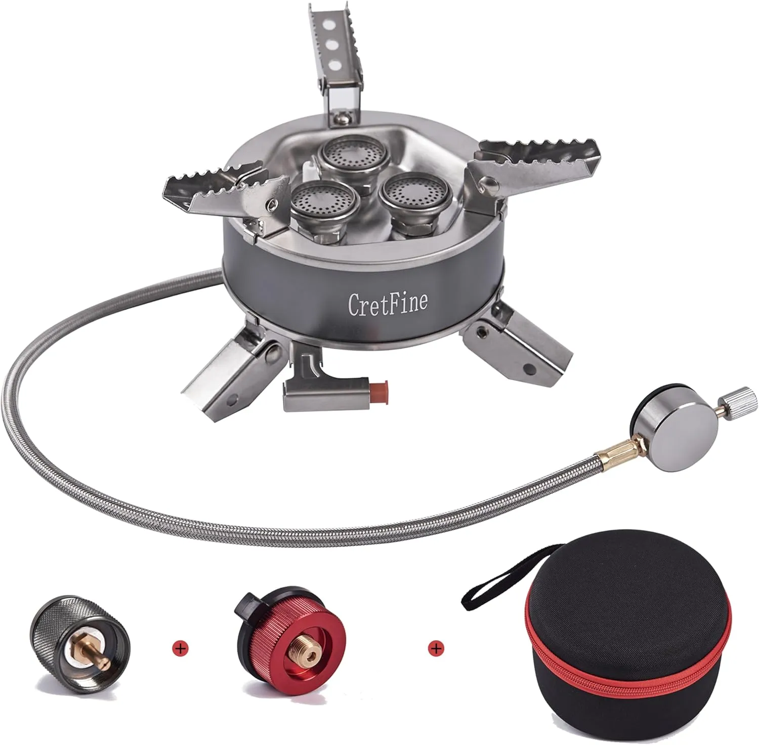 6800W Windproof Camping Stove with Adapters, Foldable Backpacking Triple Burner with Portable Case, Piezo Ignition, Compatible with Propane, Butane, and Isobutane for Hiking, Camp Cooking