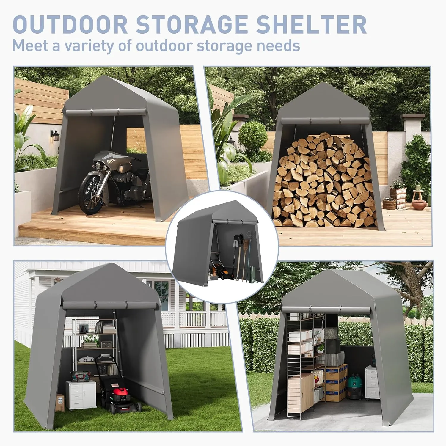 6X8 Ft Outdoor Portable Storage Shelter Shed with Rolled Up Zipper Doors & Vents, Heavy Duty Carport for Motorcycle Waterproof and Uv Resistant Anti-Snow Portable Garage Kit Tent, Gray