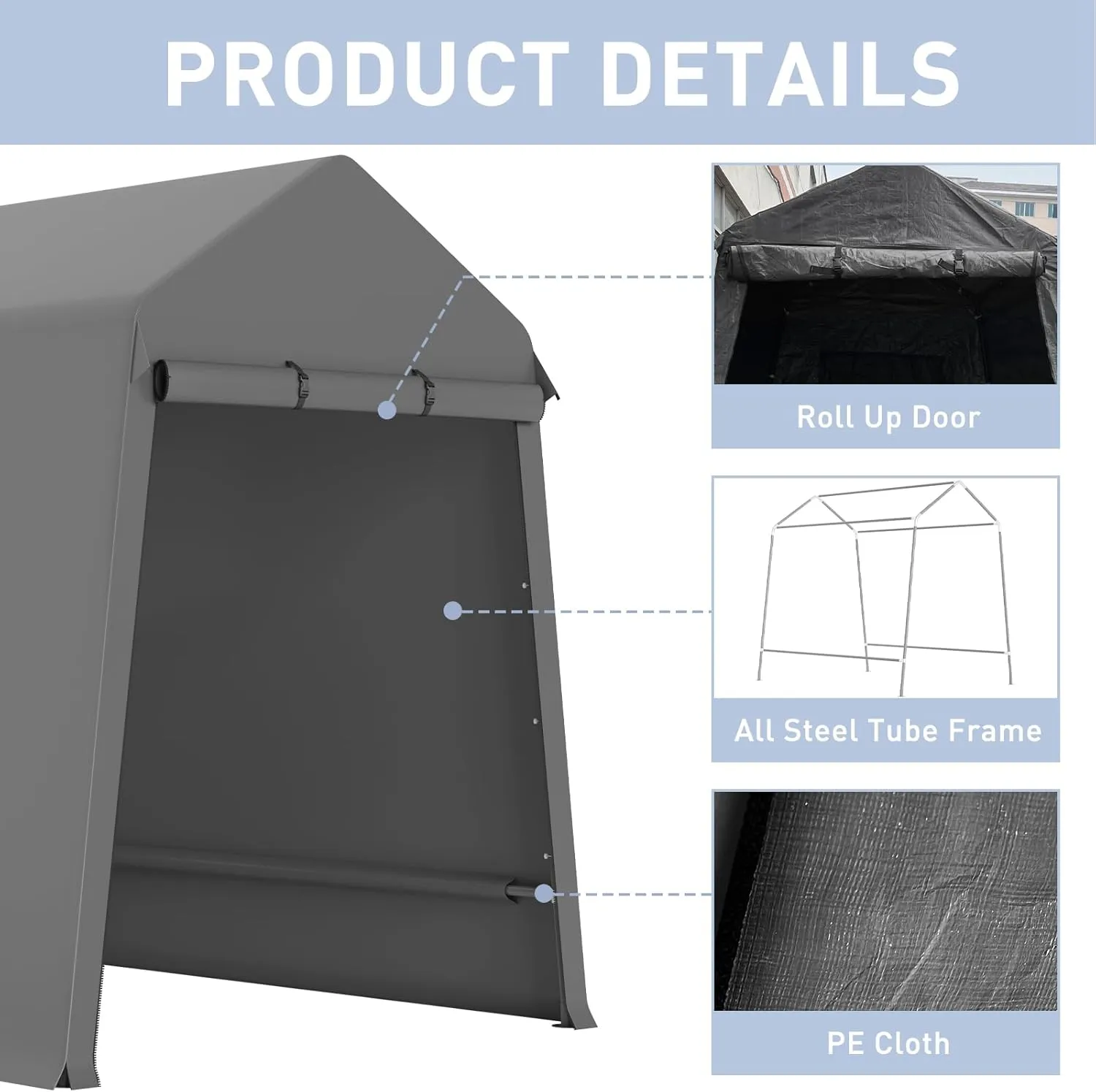 6X8 Ft Outdoor Portable Storage Shelter Shed with Rolled Up Zipper Doors & Vents, Heavy Duty Carport for Motorcycle Waterproof and Uv Resistant Anti-Snow Portable Garage Kit Tent, Gray