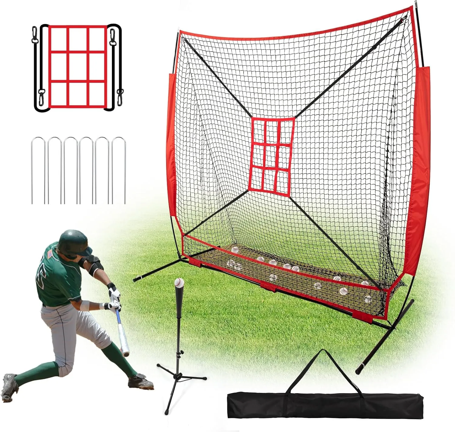 7x7 ft Baseball Net with Large Ball Collection System, Baseball&Softball Hitting Net, Baseball Nets for Batting with Carry Bag and U-shaped Ground Nail, Baseball Training Equipment for Pitching