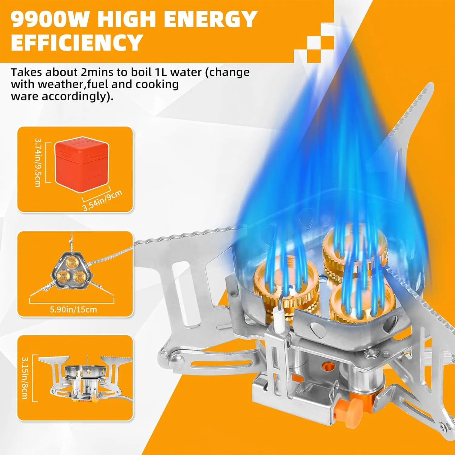 9900W Portable Windproof Camping Stove - High-Power Gas Stove with Piezo Ignition, 1LB Propane & Butane Adapters for Outdoor Cooking, Hiking, Camping & Picnics