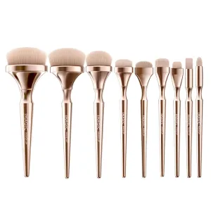 9Pcs Makeup Brushes Set for Blusher Liquid Foundation Blending Nose Stippling Golden Handle