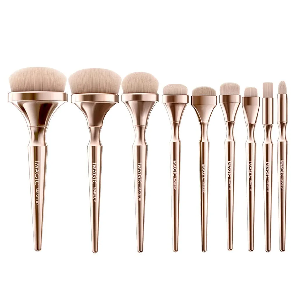 9Pcs Makeup Brushes Set for Blusher Liquid Foundation Blending Nose Stippling Golden Handle