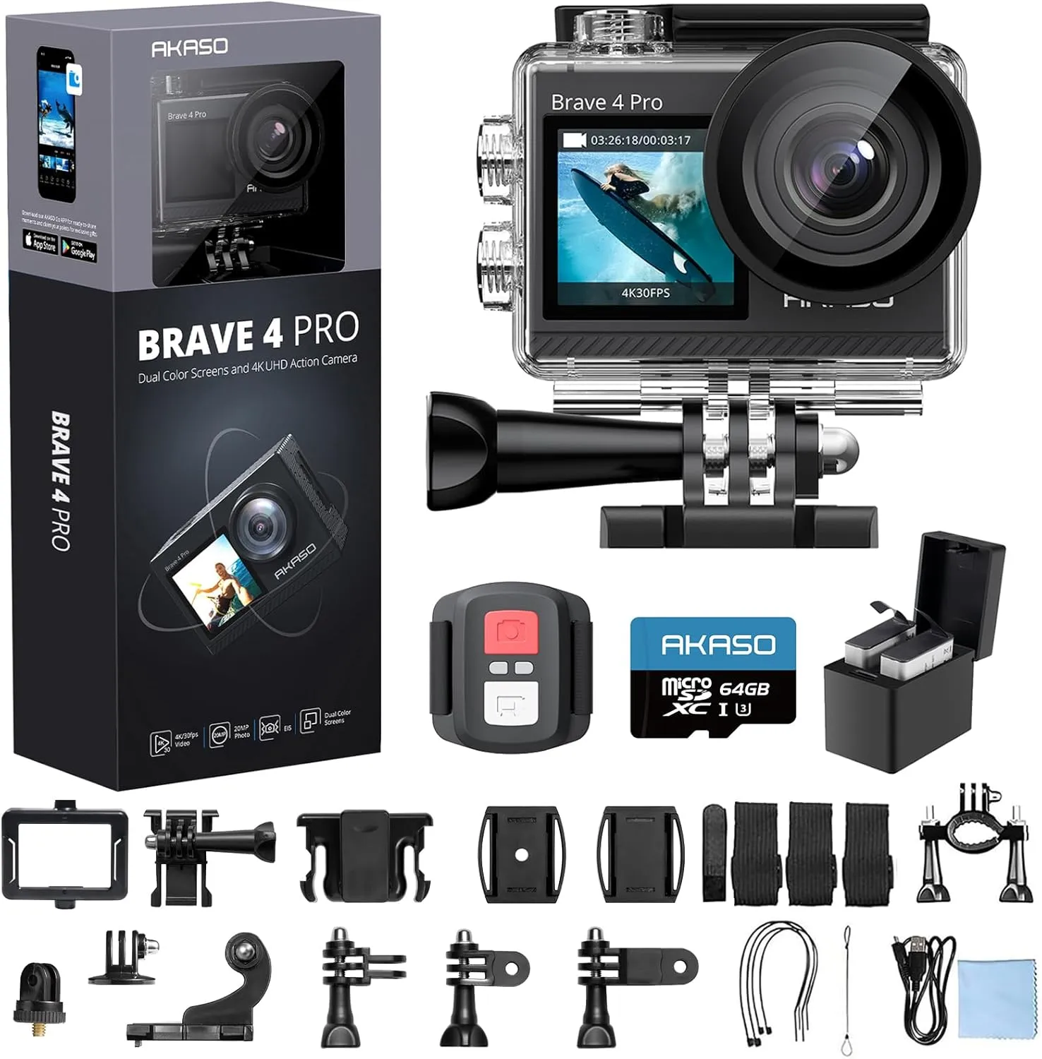 AKASO Brave 4 Pro 4K30 Action Camera with 64GB MicroSD U3 Card, 131FT Underwater Waterproof Camera EIS Touch Screen Remote Control with 2x1350mAh Batteries and Helmet Accessories Kit Bundle