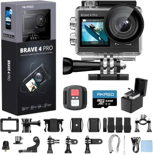 AKASO Brave 4 Pro 4K30 Action Camera with 64GB MicroSD U3 Card, 131FT Underwater Waterproof Camera EIS Touch Screen Remote Control with 2x1350mAh Batteries and Helmet Accessories Kit Bundle