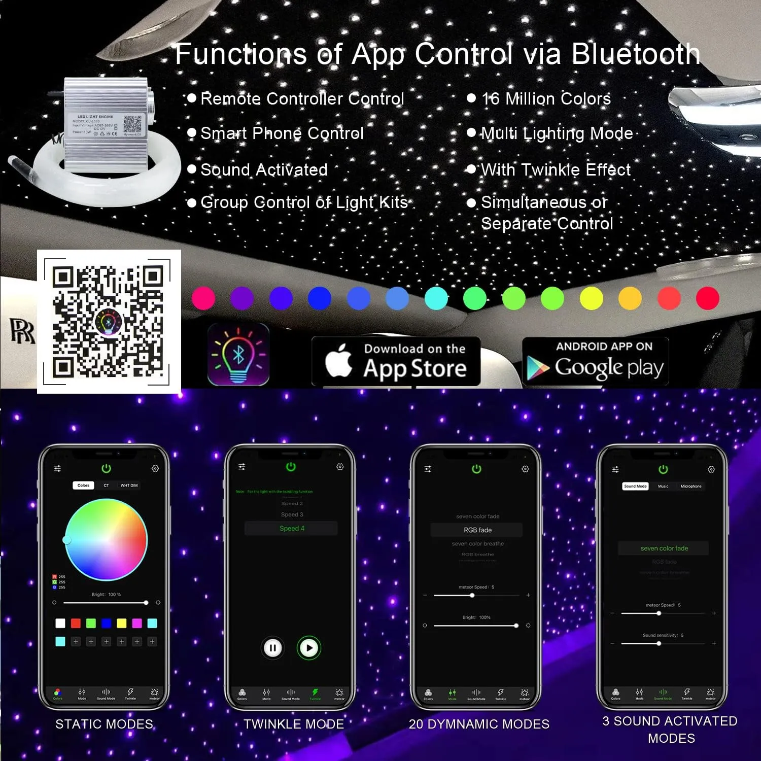 AKEPO Upgraded APP 10W Twinkle Fiber Optic Lights kit with Music Mode for Star Ceiling Sky Light Car Home Use, RGBW Light Engine Optical Fiber Cable 430pcs of 9.8ft/3m(0.03 0.04 0.06in) 28key Remote