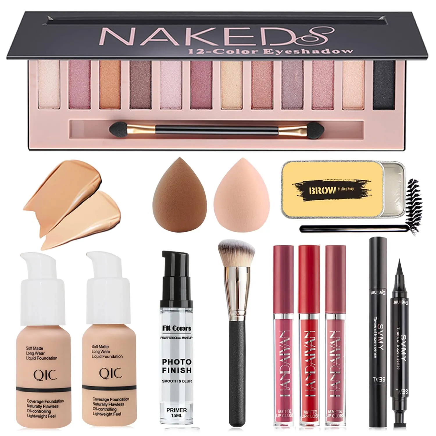 All In One Naked Eyeshadow Palette, Nude & Beige Liquid Foundation, Face Primer, Lipstick Set, Eyebrow Soap Kit, Winged Eyeliner Stamp, Makeup Brush, Makeup Sponges