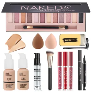 All In One Naked Eyeshadow Palette, Nude & Beige Liquid Foundation, Face Primer, Lipstick Set, Eyebrow Soap Kit, Winged Eyeliner Stamp, Makeup Brush, Makeup Sponges