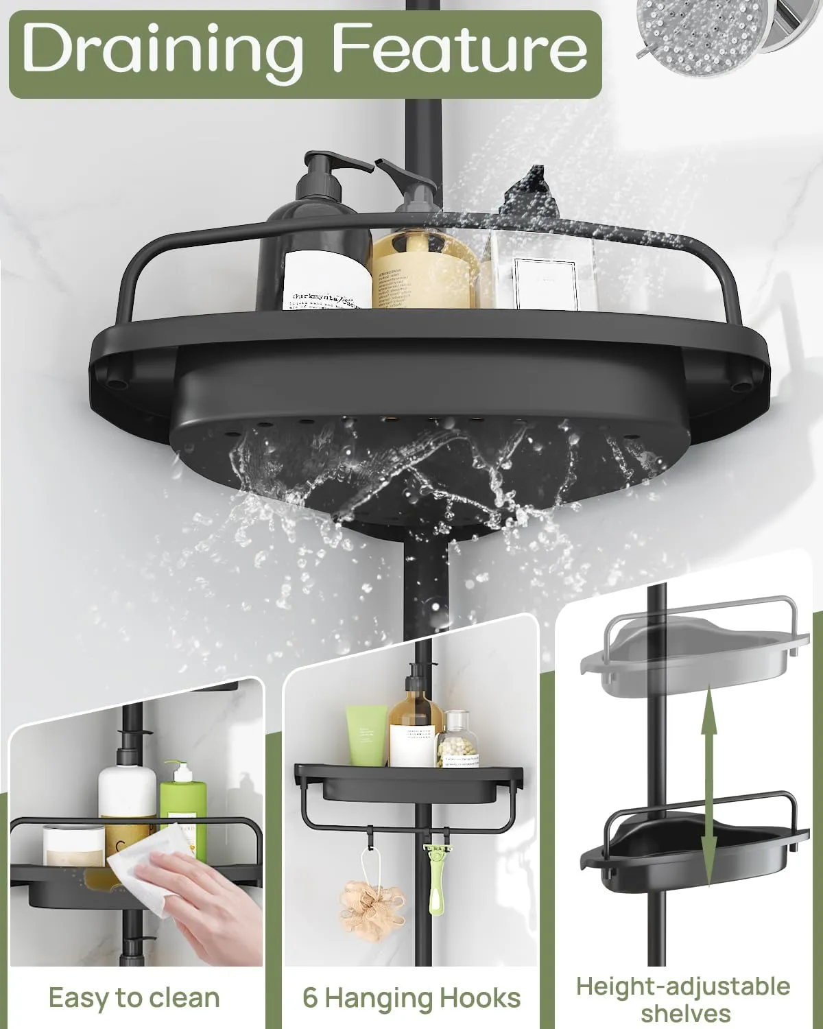ALLZONE Rustproof Shower Caddy Corner for Bathroom,Bathtub Storage Organizer for Shampoo Accessories,4-Tier Adjustable Shelves with Tension Pole, 39 to 113 Inch, Black