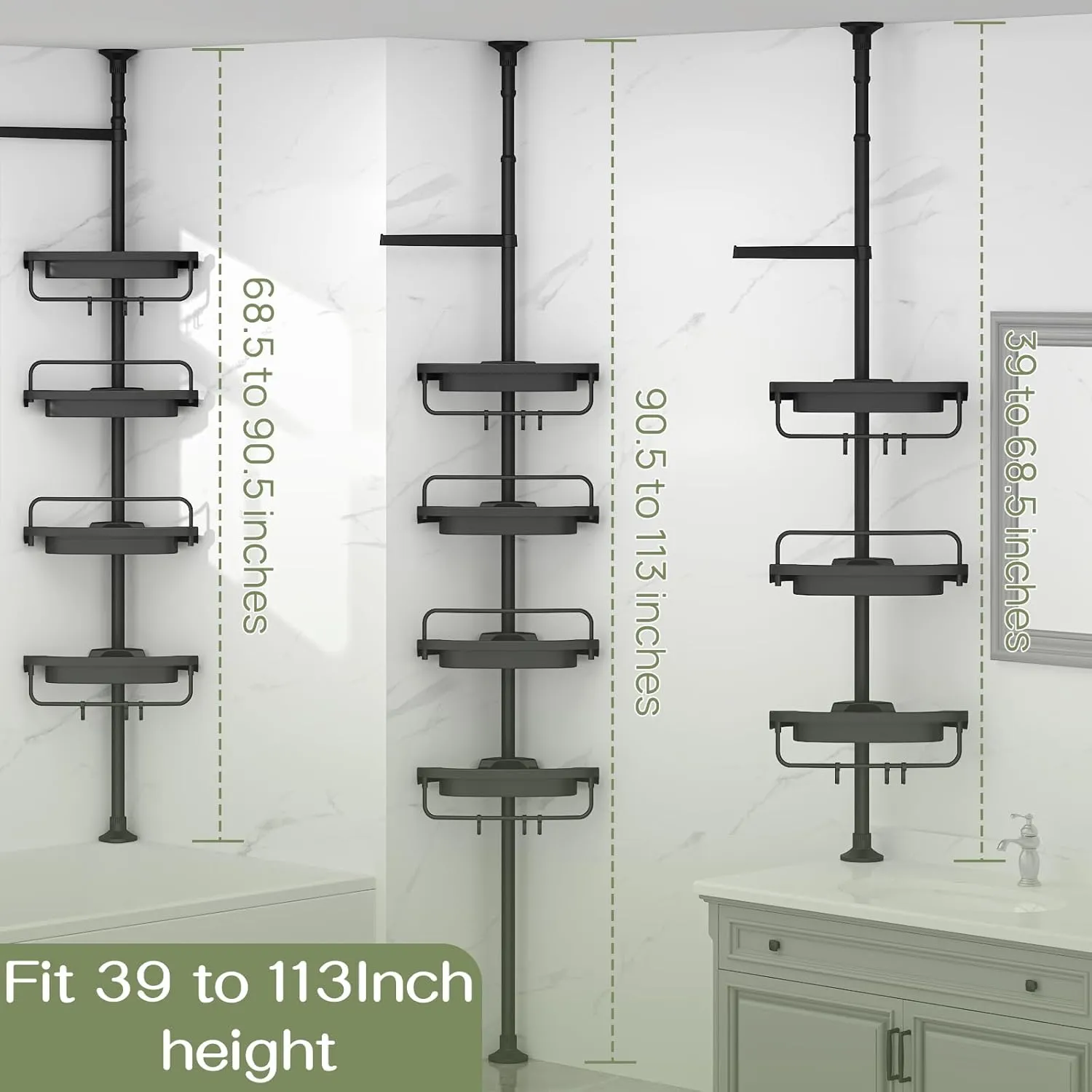 ALLZONE Rustproof Shower Caddy Corner for Bathroom,Bathtub Storage Organizer for Shampoo Accessories,4-Tier Adjustable Shelves with Tension Pole, 39 to 113 Inch, Black