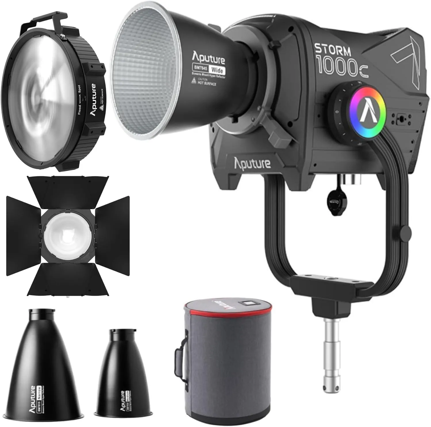 Aputure Storm 1000c Point-Source Fixture with Wide Hyper Reflector (Black) Bundle with 12-Inch Bowens Mount Black Fresnel, 1200x Reflector Kit, and CF12 Barn Doors (4 Items)