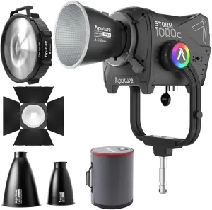 Aputure Storm 1000c Point-Source Fixture with Wide Hyper Reflector (Black) Bundle with 12-Inch Bowens Mount Black Fresnel, 1200x Reflector Kit, and CF12 Barn Doors (4 Items)