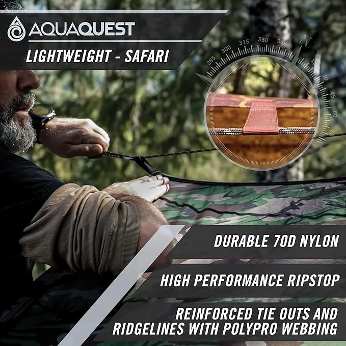 AquaQuest Safari Camping Tarp - Lightweight Durable Rain Fly - Waterproof Camping Essentials for Hiking, Backpacking & Hammock, 10 x 7 ft, Olive Drab Kit