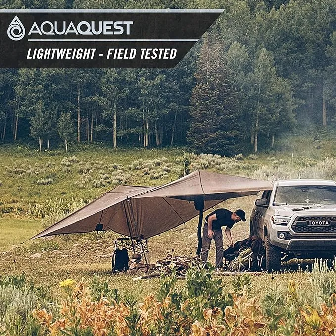 AquaQuest Safari Camping Tarp - Lightweight Durable Rain Fly - Waterproof Camping Essentials for Hiking, Backpacking & Hammock, 10 x 7 ft, Olive Drab Kit