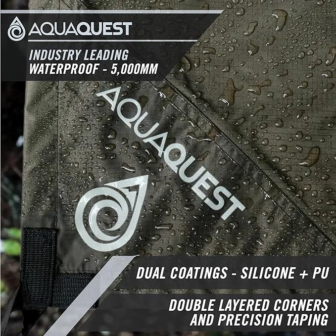 AquaQuest Safari Camping Tarp - Lightweight Durable Rain Fly - Waterproof Camping Essentials for Hiking, Backpacking & Hammock, 10 x 7 ft, Olive Drab Kit