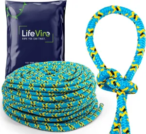 Arborist Tree Rope, Bull Rope, Static Rope, Tree Rope, 18KN, 16 Strand, 1/2 Inch Diameter, 150 Foot, Double Braided, Blue, Black, & Yellow
