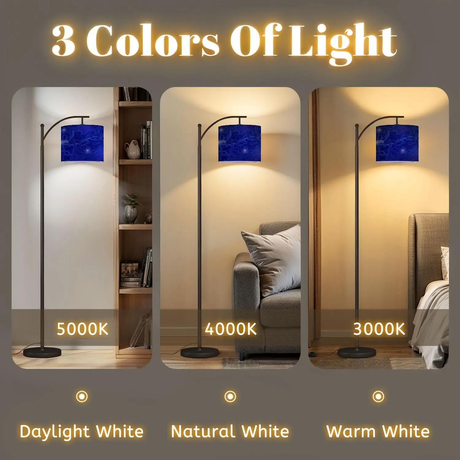 Arc Floor Lamps Ocean Topographic line map Curvy Wave isolines Sea Depth Topographic Modern LED Adjustable Lampshade Standing Light for Living Room Reading Bedroom Office