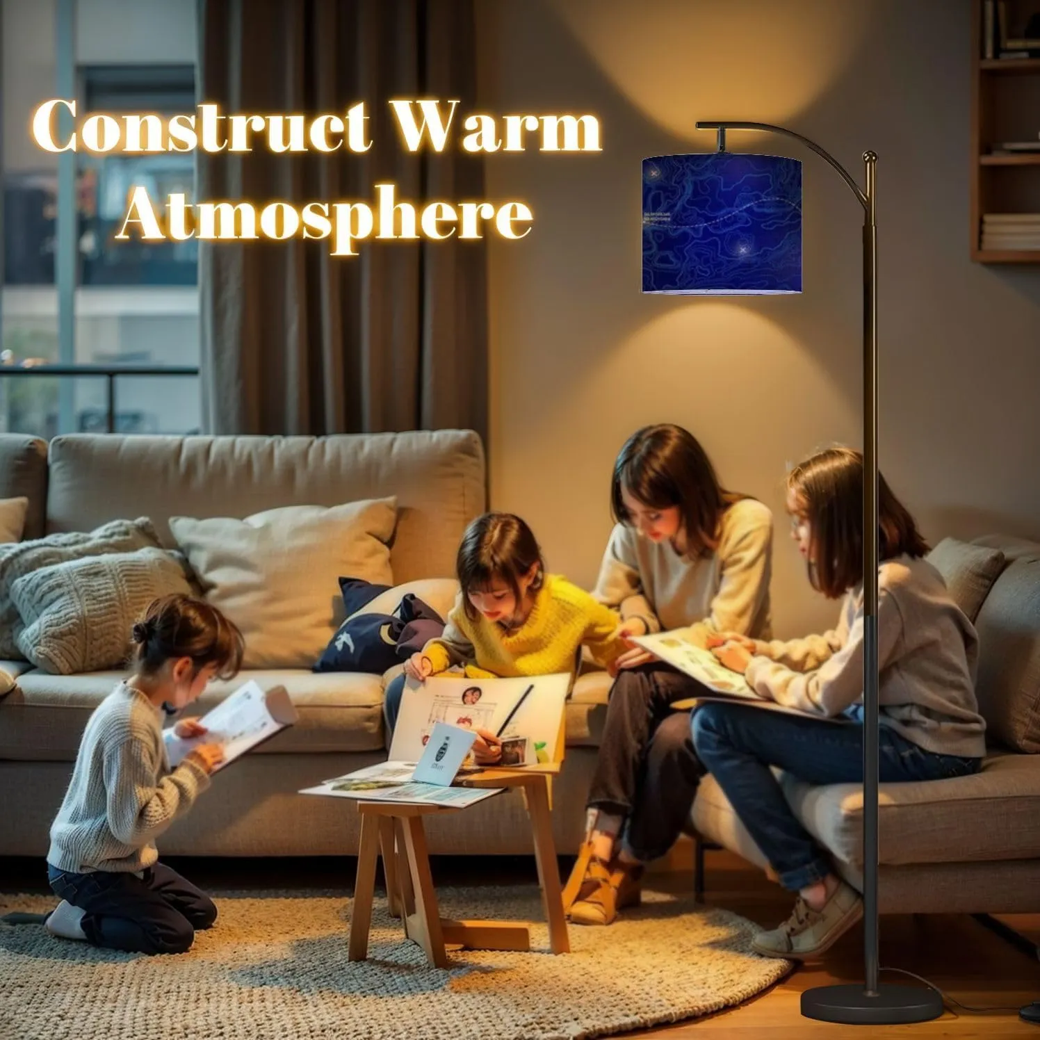 Arc Floor Lamps Ocean Topographic line map Curvy Wave isolines Sea Depth Topographic Modern LED Adjustable Lampshade Standing Light for Living Room Reading Bedroom Office