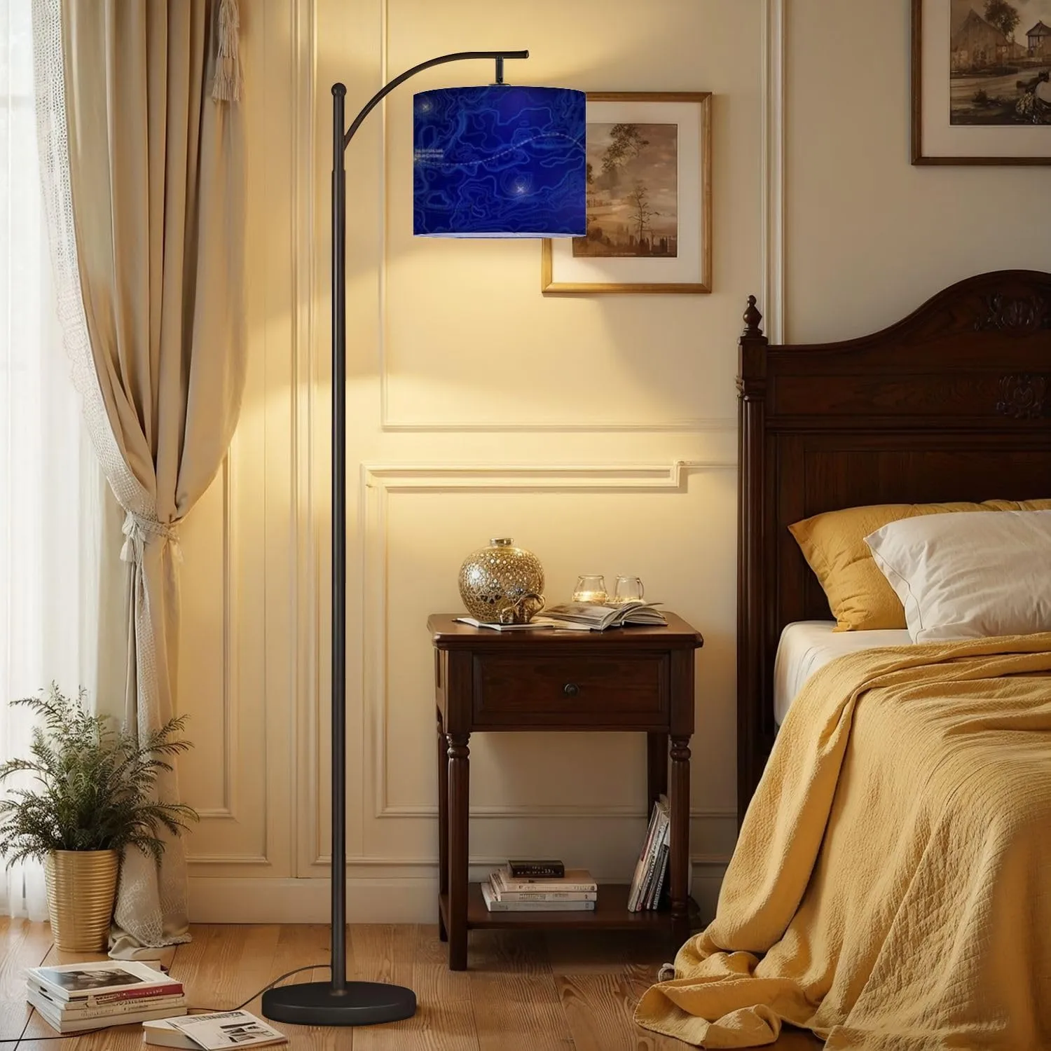 Arc Floor Lamps Ocean Topographic line map Curvy Wave isolines Sea Depth Topographic Modern LED Adjustable Lampshade Standing Light for Living Room Reading Bedroom Office