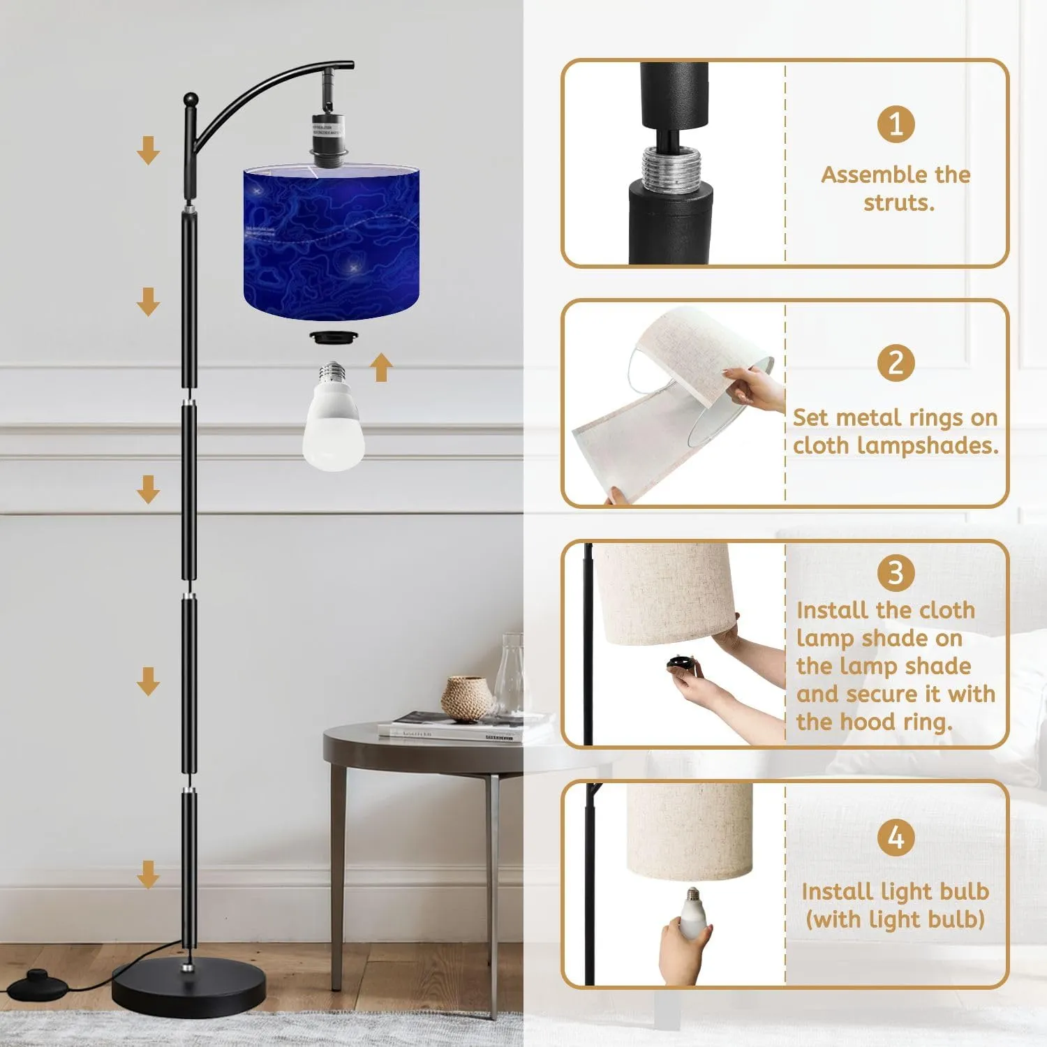 Arc Floor Lamps Ocean Topographic line map Curvy Wave isolines Sea Depth Topographic Modern LED Adjustable Lampshade Standing Light for Living Room Reading Bedroom Office