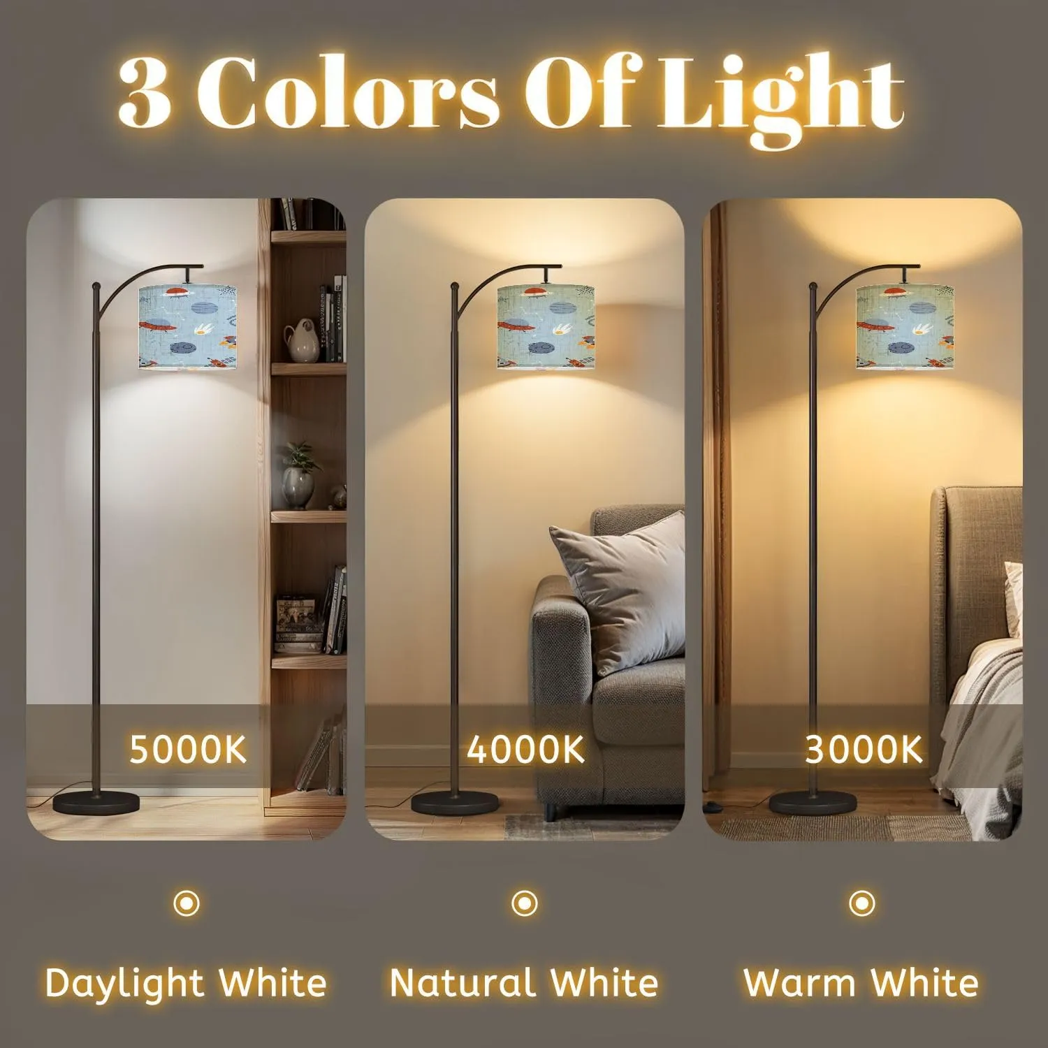 Arc Floor Lamps Scandinavian Pattern Space Adventure Cute Cosmic Seamless Print for Modern LED Adjustable Lampshade Standing Light for Living Room Reading Bedroom Office