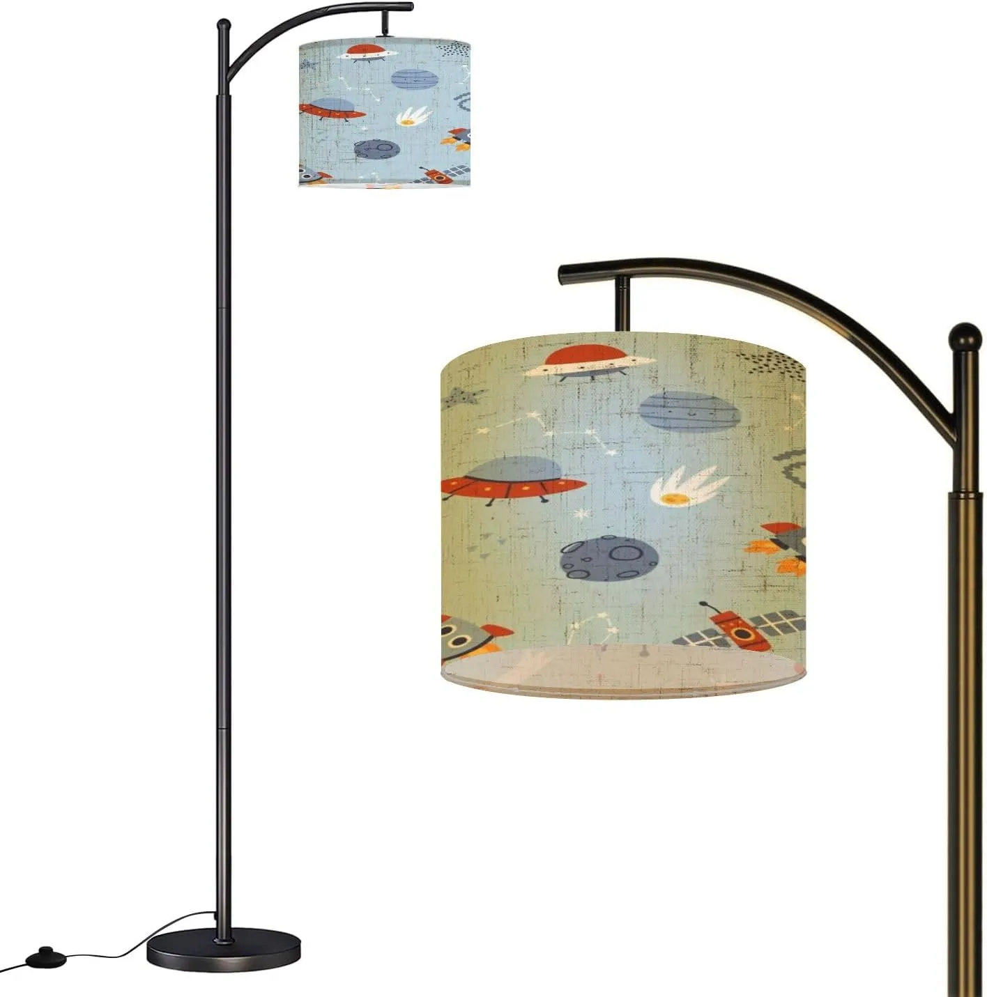 Arc Floor Lamps Scandinavian Pattern Space Adventure Cute Cosmic Seamless Print for Modern LED Adjustable Lampshade Standing Light for Living Room Reading Bedroom Office