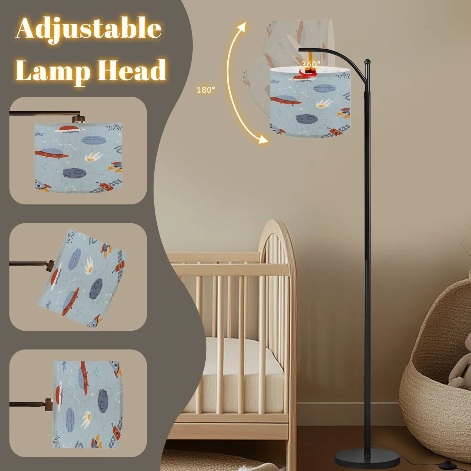 Arc Floor Lamps Scandinavian Pattern Space Adventure Cute Cosmic Seamless Print for Modern LED Adjustable Lampshade Standing Light for Living Room Reading Bedroom Office