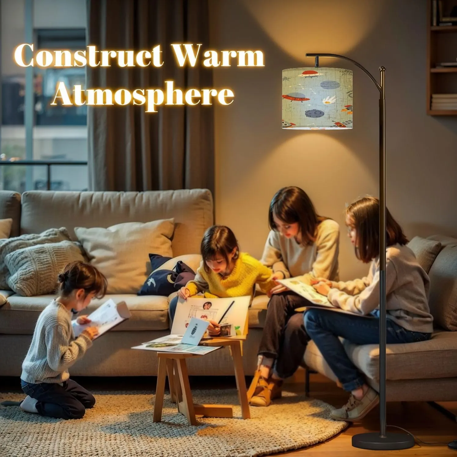 Arc Floor Lamps Scandinavian Pattern Space Adventure Cute Cosmic Seamless Print for Modern LED Adjustable Lampshade Standing Light for Living Room Reading Bedroom Office