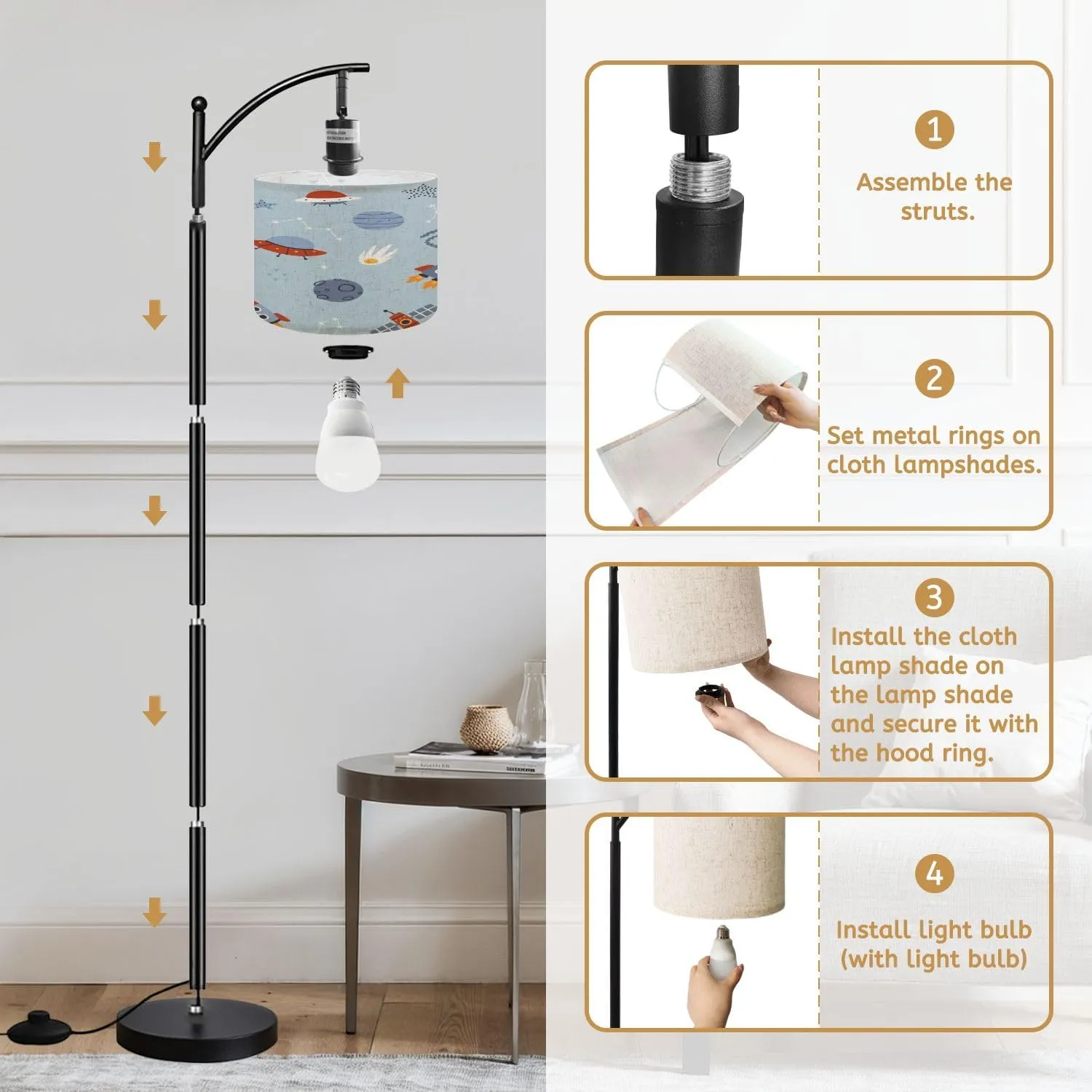 Arc Floor Lamps Scandinavian Pattern Space Adventure Cute Cosmic Seamless Print for Modern LED Adjustable Lampshade Standing Light for Living Room Reading Bedroom Office