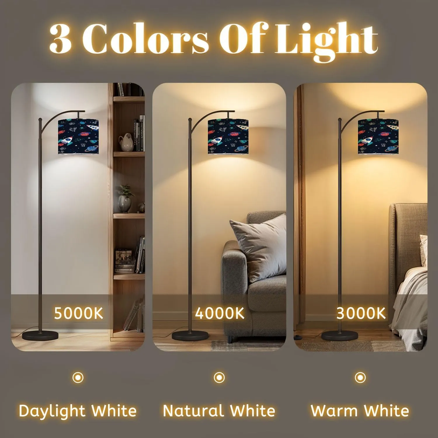 Arc Floor Lamps Seamless Childish Pattern Space Elements Star Creative Nursery for Modern LED Adjustable Lampshade Standing Light for Living Room Reading Bedroom Office