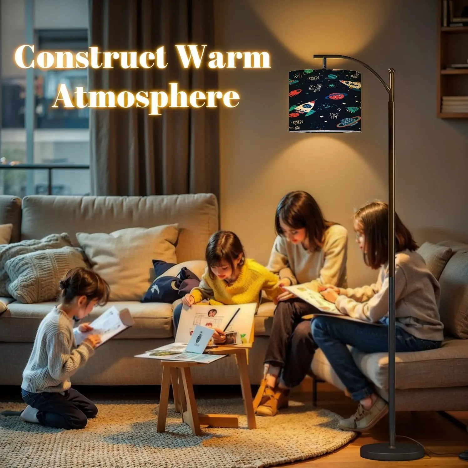 Arc Floor Lamps Seamless Childish Pattern Space Elements Star Creative Nursery for Modern LED Adjustable Lampshade Standing Light for Living Room Reading Bedroom Office