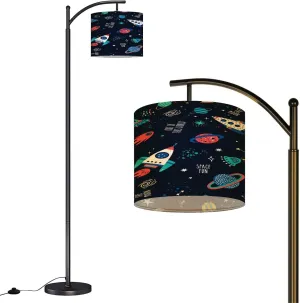 Arc Floor Lamps Seamless Childish Pattern Space Elements Star Creative Nursery for Modern LED Adjustable Lampshade Standing Light for Living Room Reading Bedroom Office