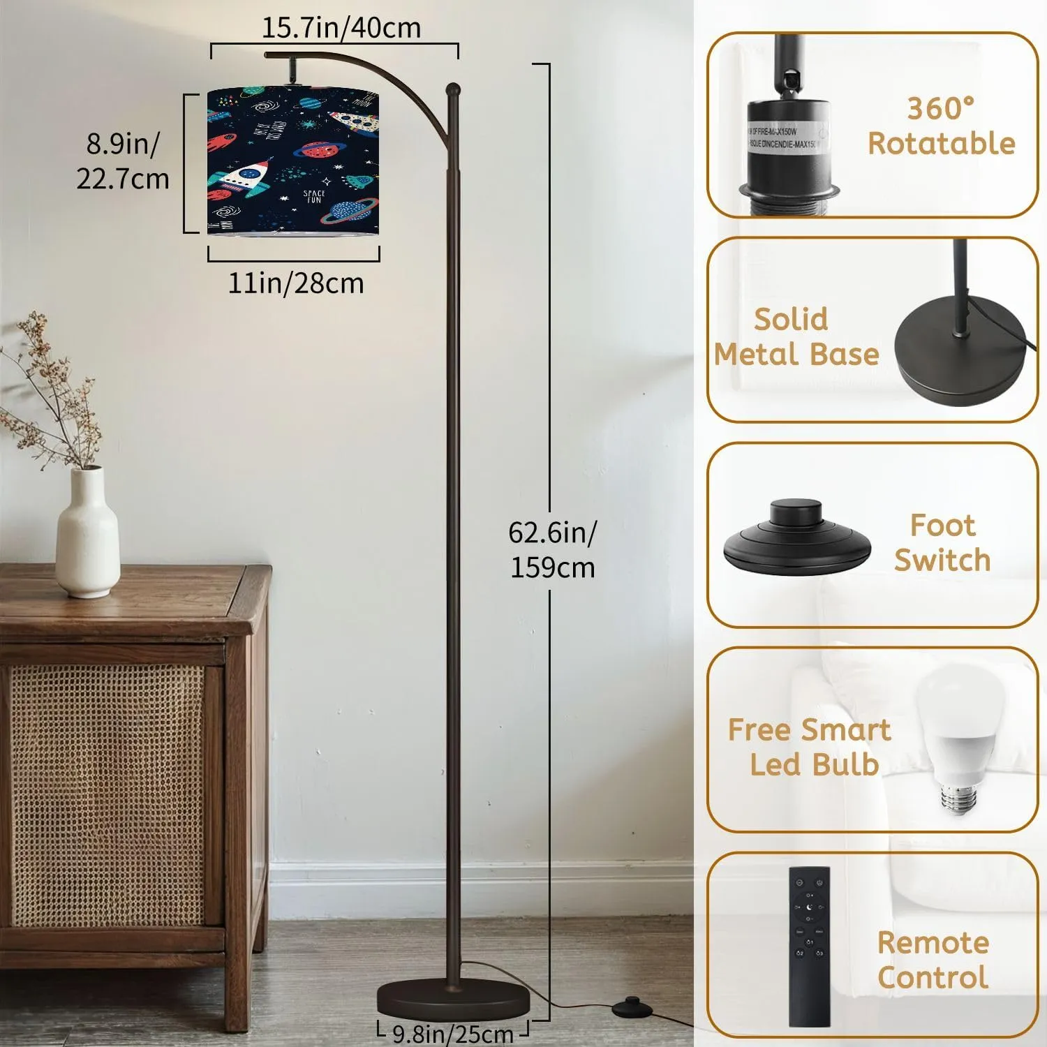 Arc Floor Lamps Seamless Childish Pattern Space Elements Star Creative Nursery for Modern LED Adjustable Lampshade Standing Light for Living Room Reading Bedroom Office