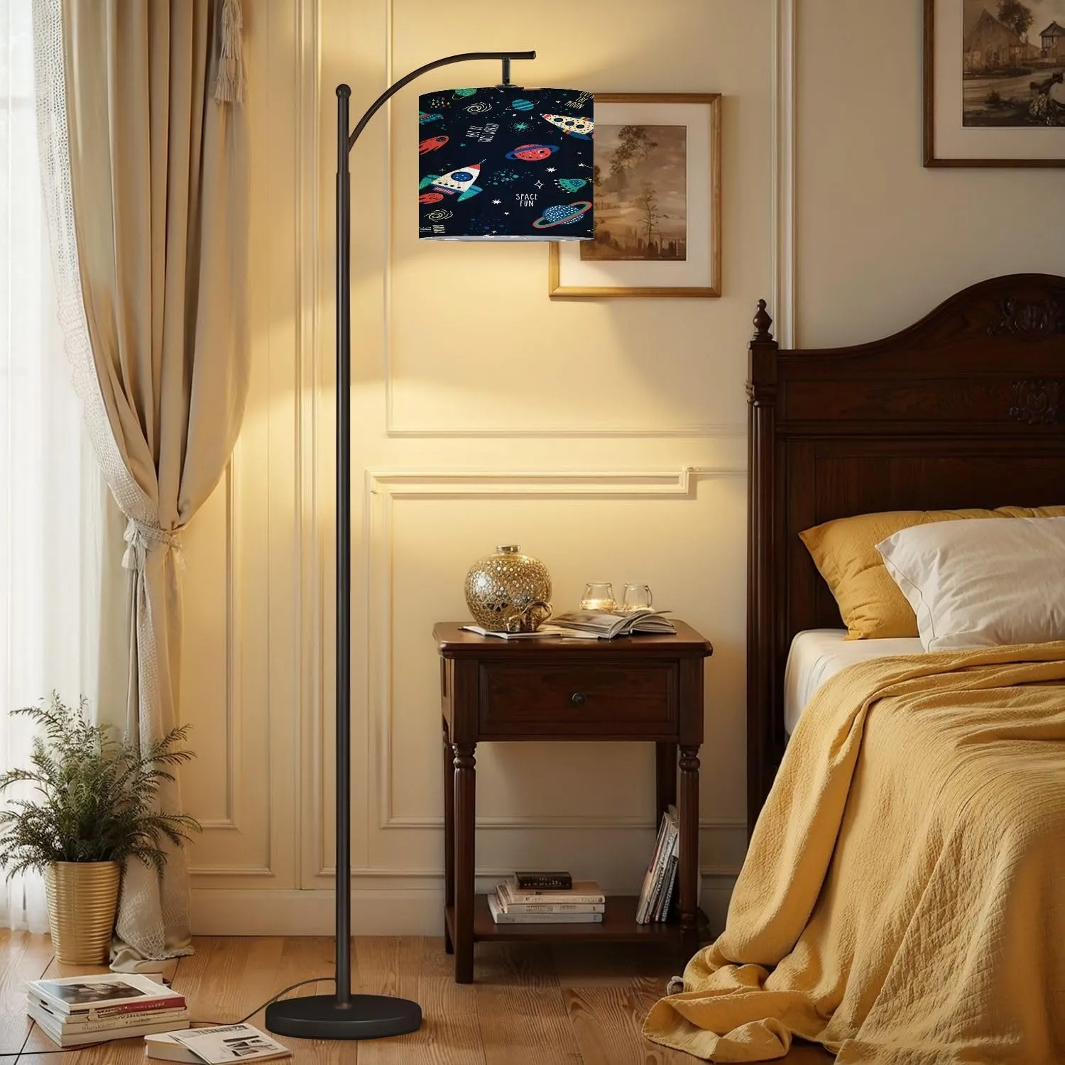 Arc Floor Lamps Seamless Childish Pattern Space Elements Star Creative Nursery for Modern LED Adjustable Lampshade Standing Light for Living Room Reading Bedroom Office