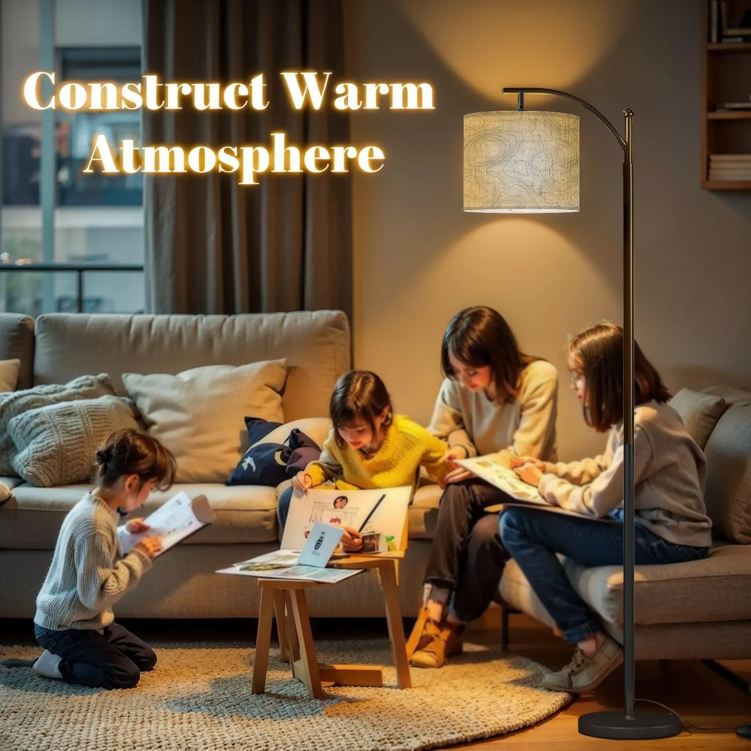 Arc Floor Lamps Topographic map Linear map Modern LED Adjustable Lampshade Standing Light for Living Room Reading Bedroom Office