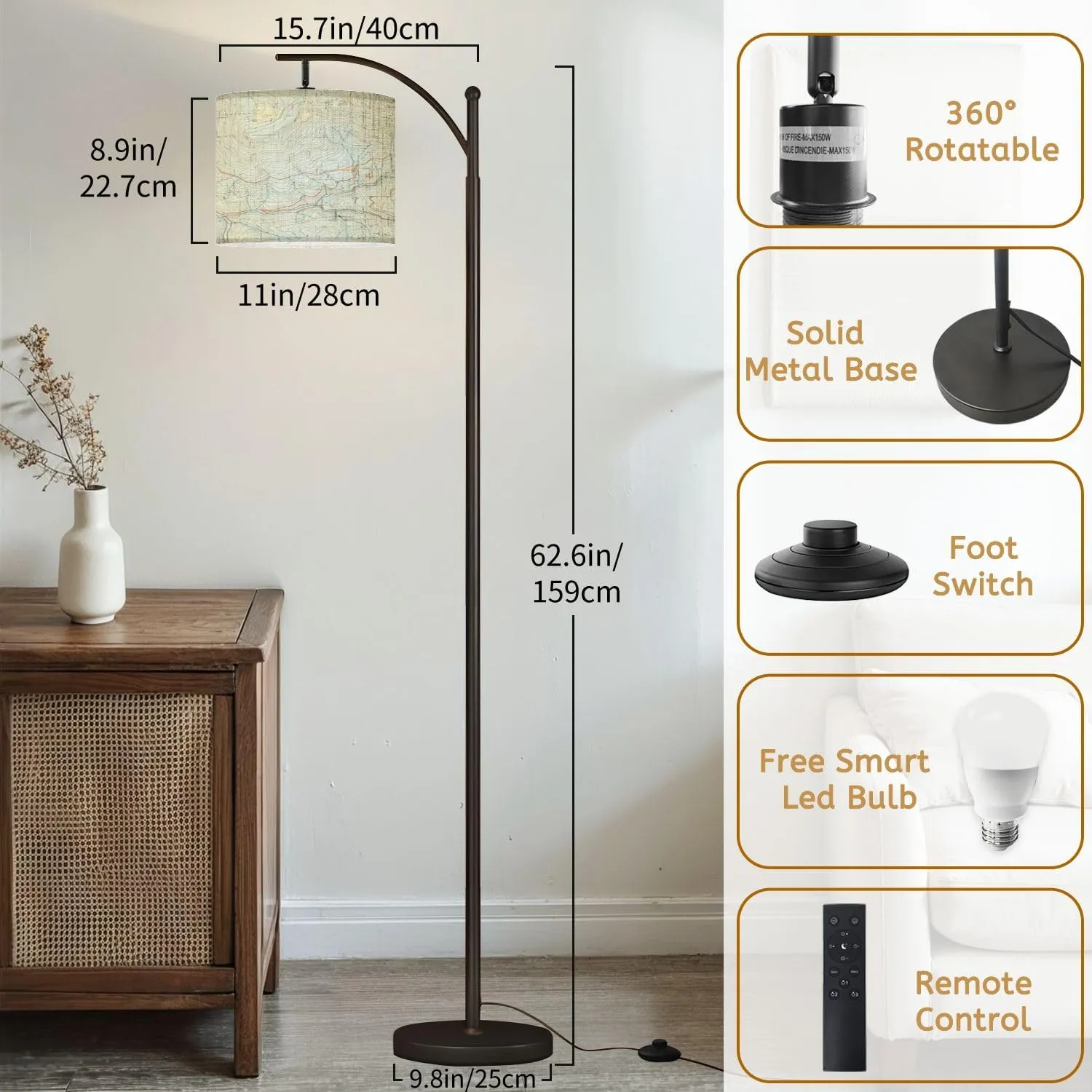 Arc Floor Lamps Topographic map Modern LED Adjustable Lampshade Standing Light for Living Room Reading Bedroom Office