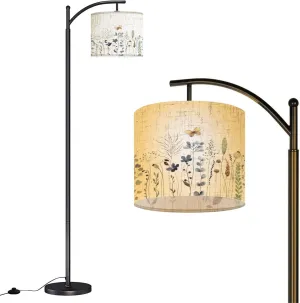 Arc Floor Lamps Wildflowers Plants Butterflies Dragonfly Floral Seamless Pattern Modern LED Adjustable Lampshade Standing Light for Living Room Reading Bedroom Office