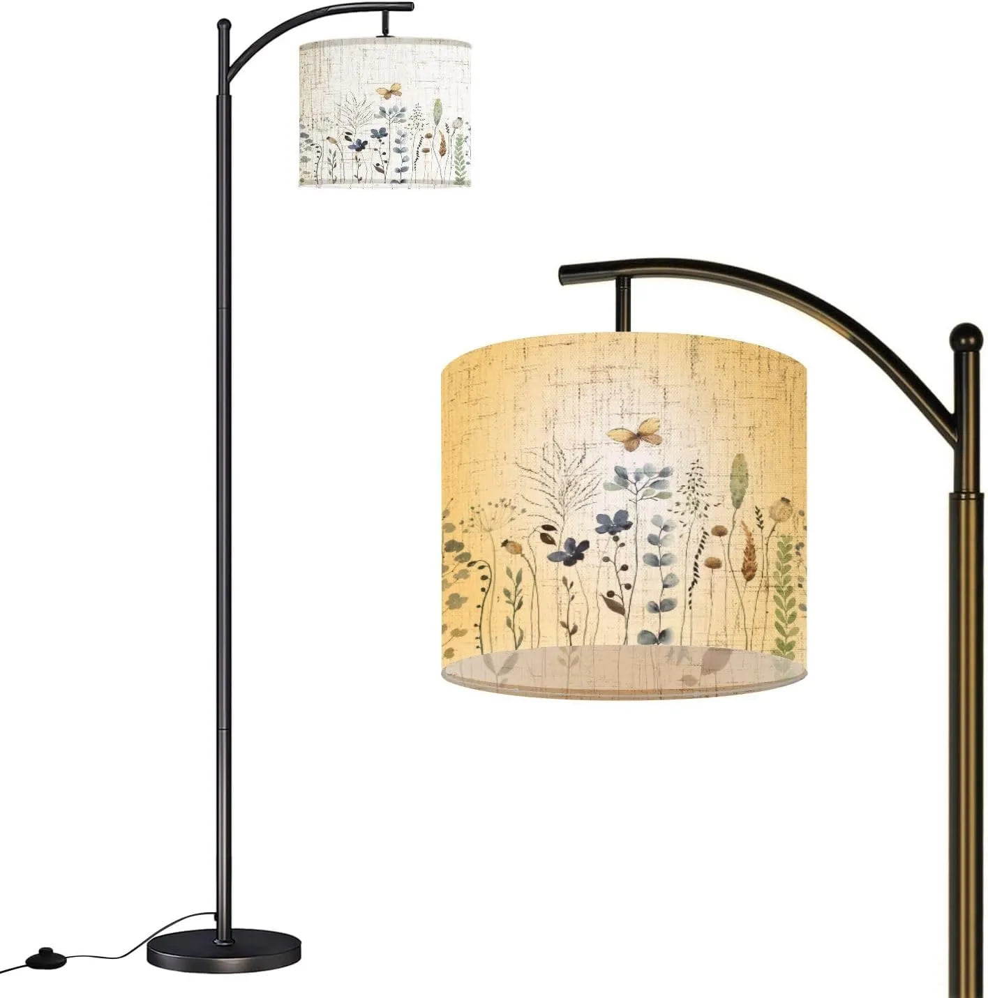 Arc Floor Lamps Wildflowers Plants Butterflies Dragonfly Floral Seamless Pattern Modern LED Adjustable Lampshade Standing Light for Living Room Reading Bedroom Office