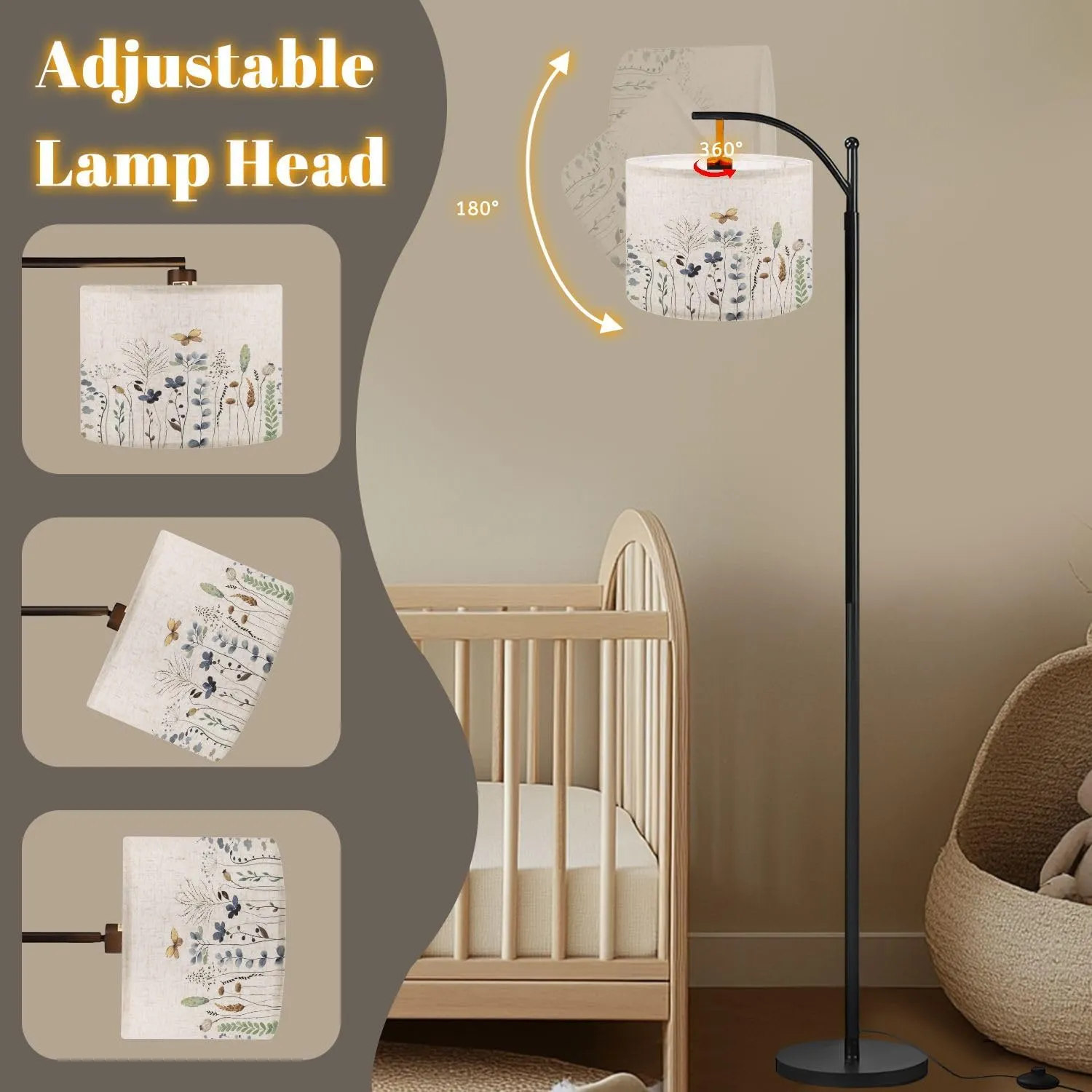 Arc Floor Lamps Wildflowers Plants Butterflies Dragonfly Floral Seamless Pattern Modern LED Adjustable Lampshade Standing Light for Living Room Reading Bedroom Office