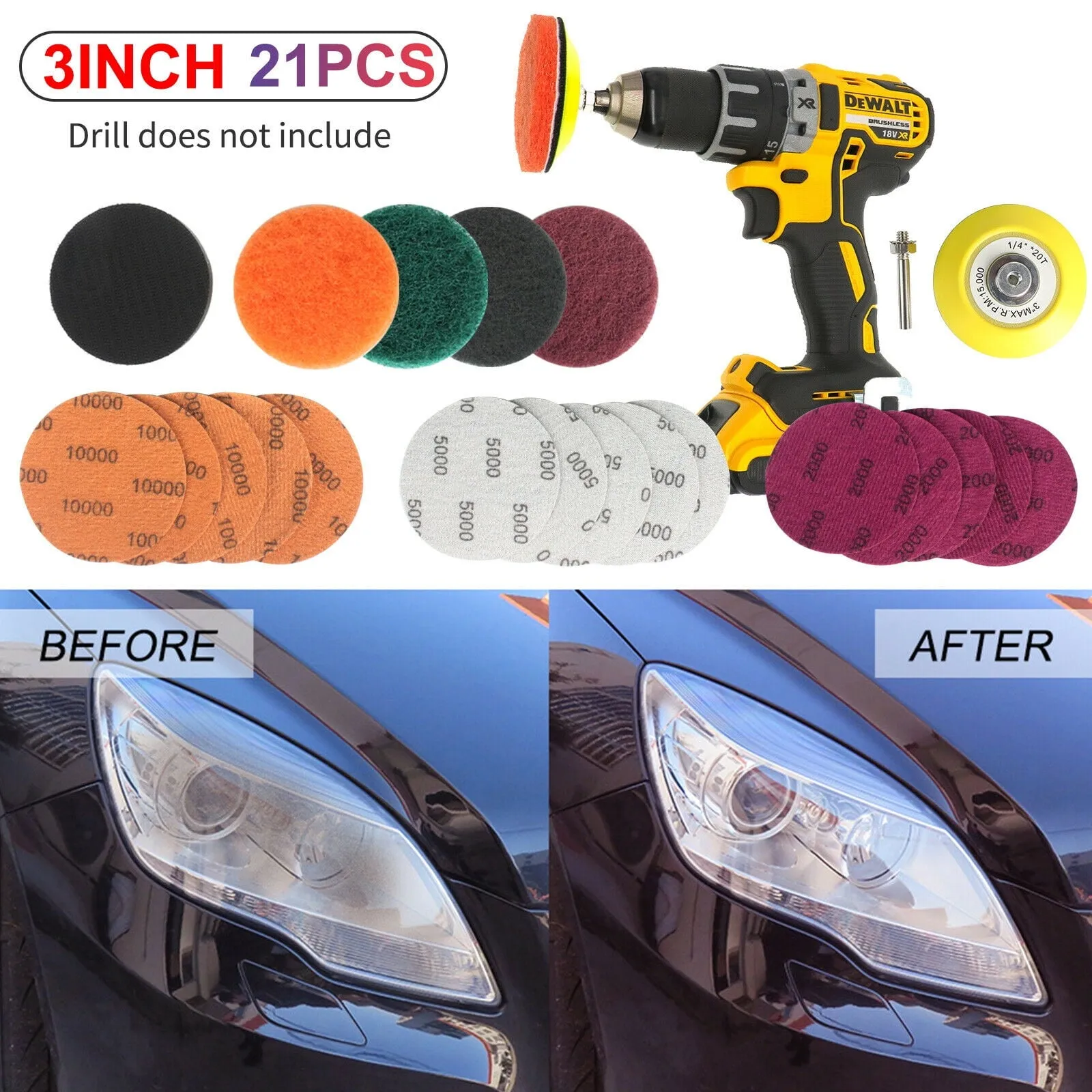 ASKITO 21pcs Pro Car Headlight Lens Restoration Repair Kit 3" Polishing Cleaner Cleaning Tool