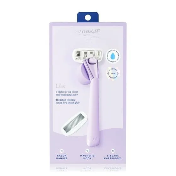 Athe~na Club 5-Blade Women's Razor Kit - 1 Handle, 2 Blade Refills, Magnetic Hook - (Lilac)
