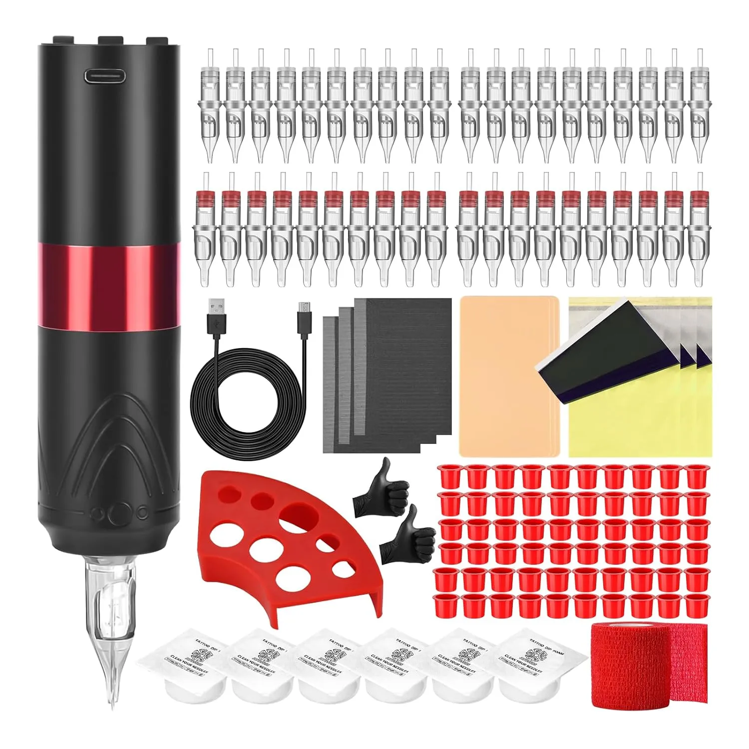 ATOMUS Cordless Tattoo Pen Machine Kit, 1600mah Rechargeable Pen Style Tattoo Cartridge Machine with Digital OLED Display 40pcs Tattoo Cartridge Needles 60pcs Ink Cups 6pcs Tattoo Dip Foam Cup (Red)